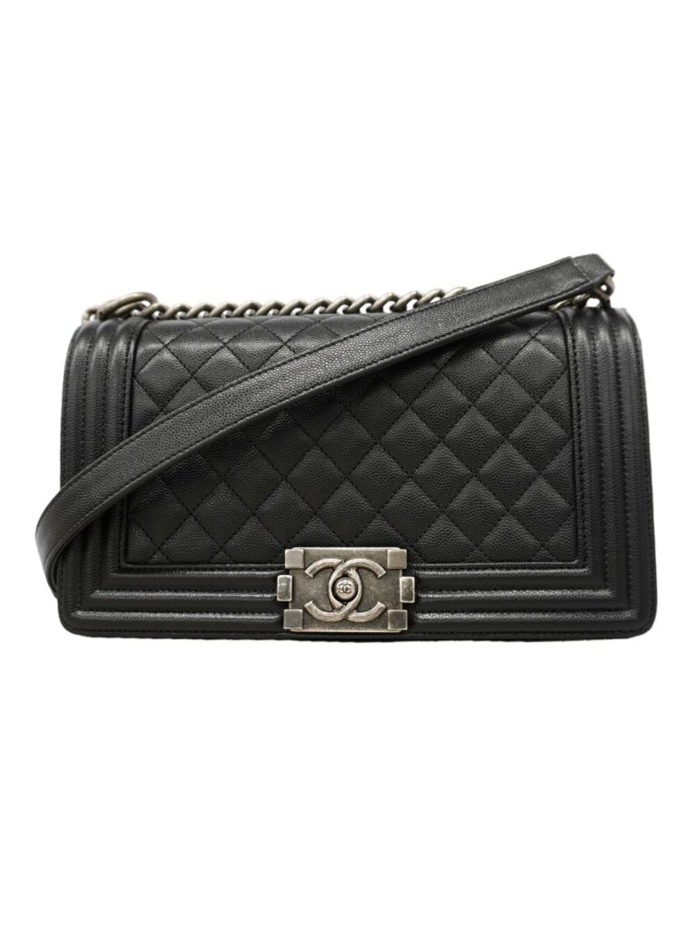 Chanel Shoulder Bag Boy Caviar Leather Black Silver